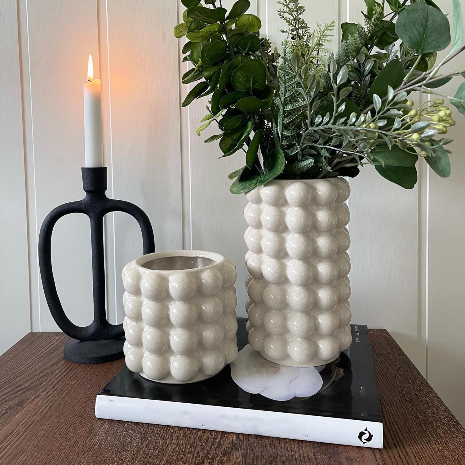 Bubble Vases, Set of 2 Ceramic Vase for Flowers, Boho Ceramic Flower Vases for Decor, Tall Bubble Vase for Living Room, Dining Table, Wedding, Mantel, Coffee Table(Beige)