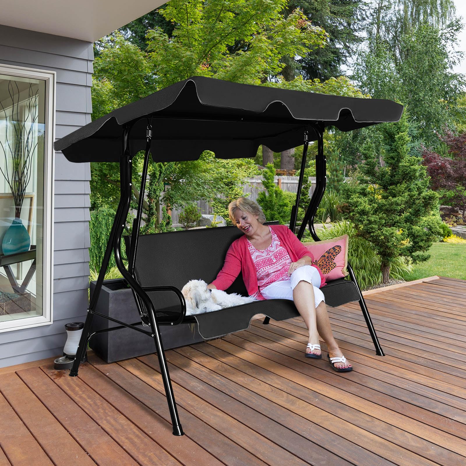 COSTWAY 3-Sitzer Hollywoodschaukel, Gartenschaukel mit verstellbarem Dach, Schaukelbank für Garten, Terrasse & Hinterhof, 172 x 110 x 154 cm (Schwarz)
