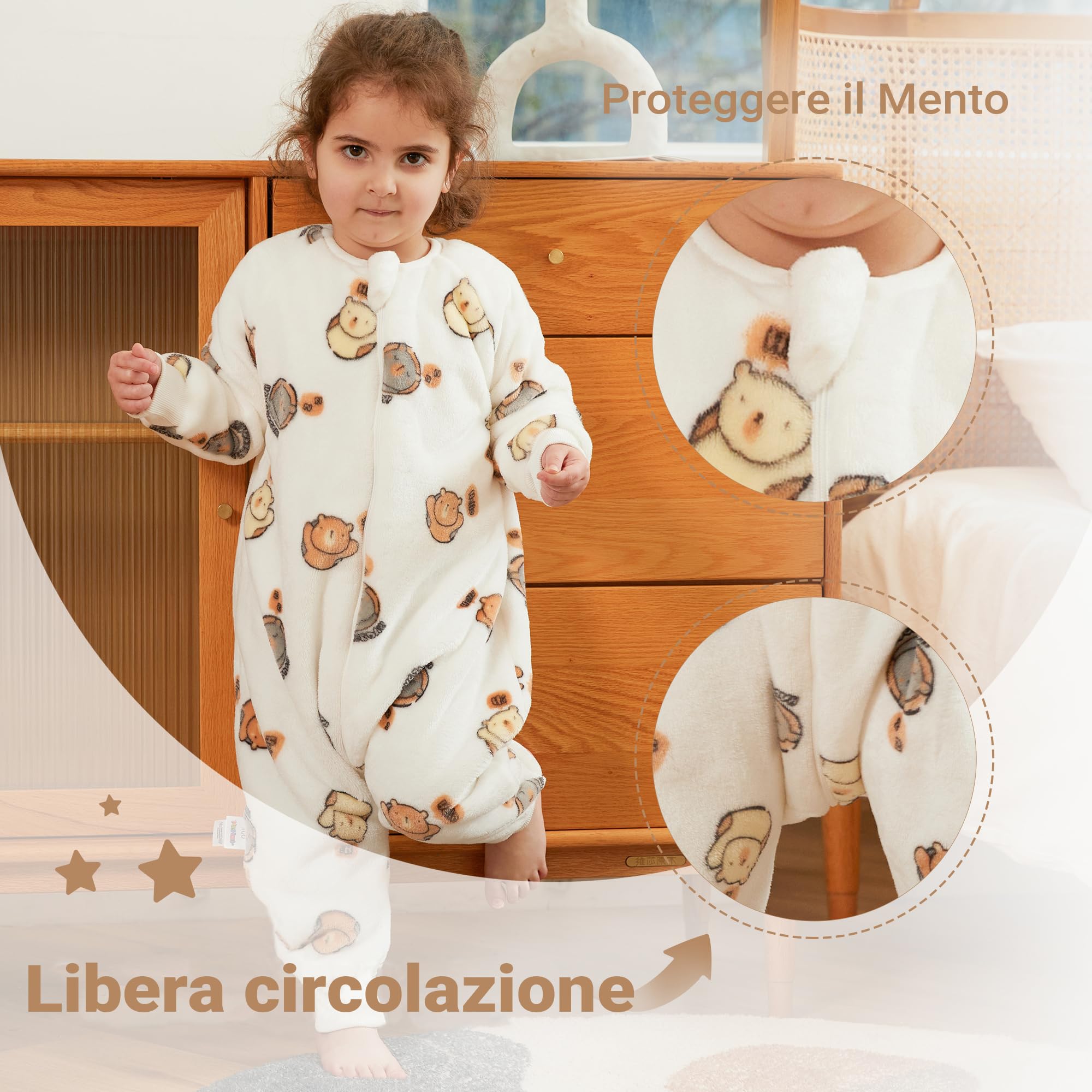 XQ&XG Sacco Nanna con piedini, Bambini Sacco Nanna con gambe 2.0 TOG, Flanella Sacco a pelo a maniche lunghe, Orso bianco, 90