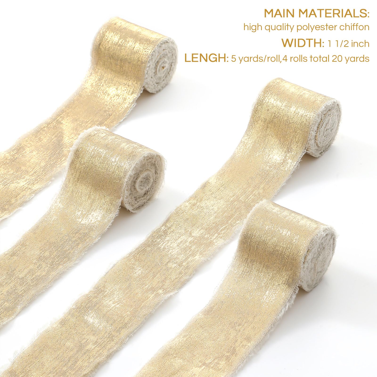 Pretty Jolly Champagne Chiffon Ribbon for Gift Wrapping Handmade Frayed Silk for Flower Bouquet Shimmery Gold Fringe 1 1/2 Inch x 5 Yard 4 Rolls for Hair Wedding Invitations - Image 2