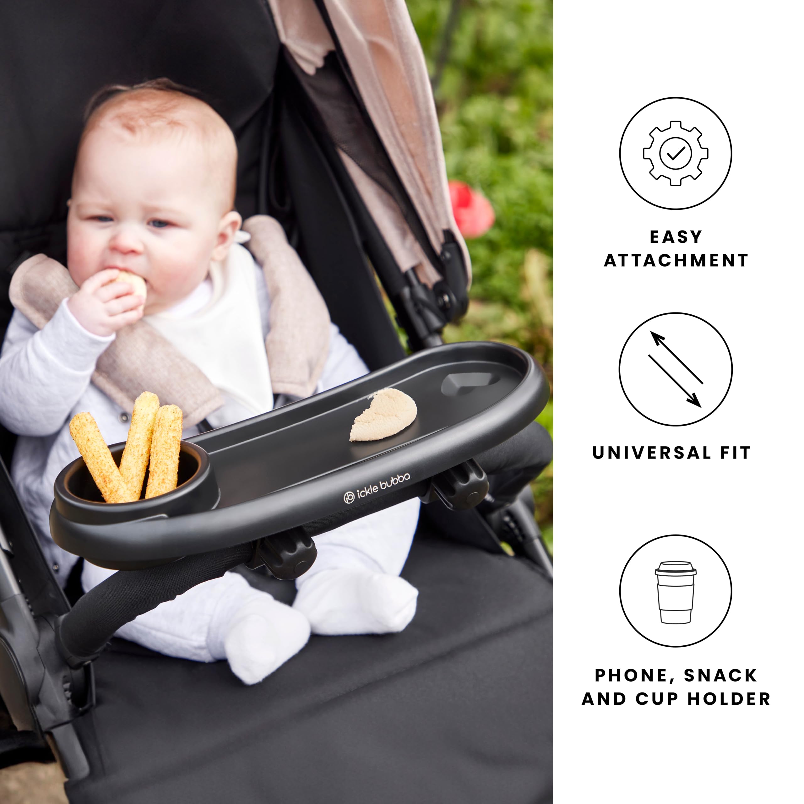 Ickle Bubba Plateau universel pour poussette - Accès facile aux collations et boissons avec porte-gobelet intégré et support de téléphone - Se clipse sur n'importe quel landau ou poussette pour plus