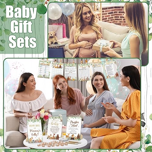 Miniatura 7 de Sherr 476 piezas Woodland Baby Shower Games 6 juegos de tarjetas de actividades, juego de caza de chupetes, 50 chupetes Qué tan grande es el signo