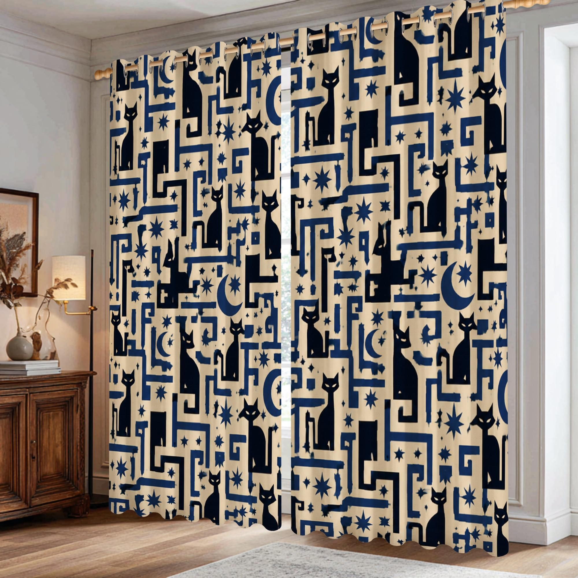 Rideaux occultants lavables en machine bleu marine motif chat lune