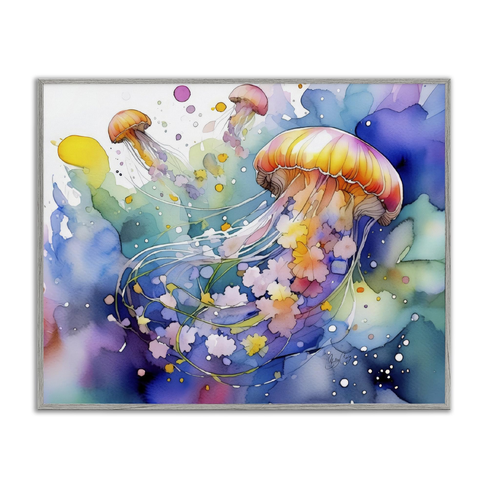 Stupell Industries 'Neon Jellyfish Underwater', Framed Giclee Art, Gray, 20 x 16 Inches, Easy to Hang and Sturdy, Made in USA, by Shelly Craig