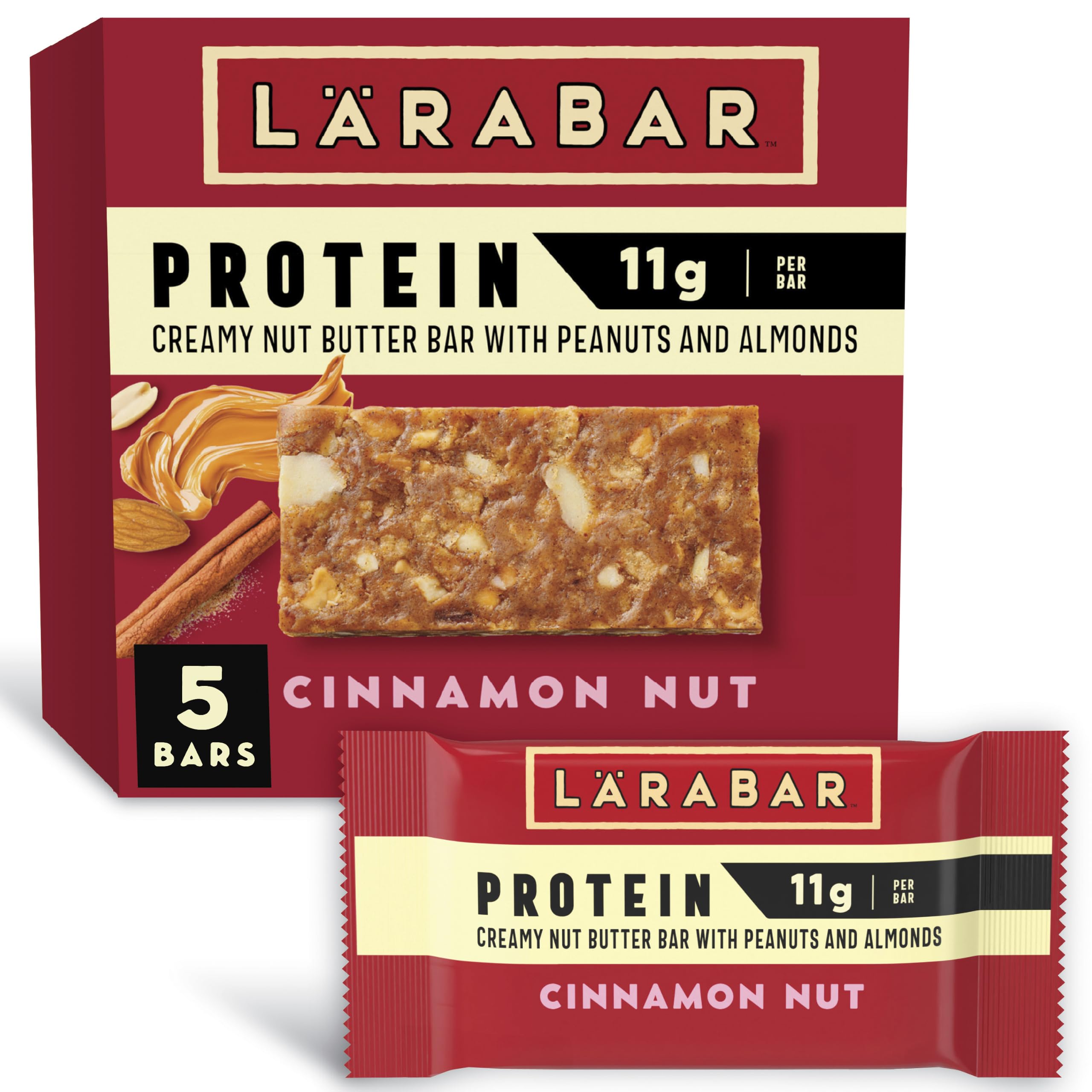 Larabar 시나몬 너트 단백질 바, 땅콩 및 아몬드, 단백질 11g, 5개, 225.4g(8온스)