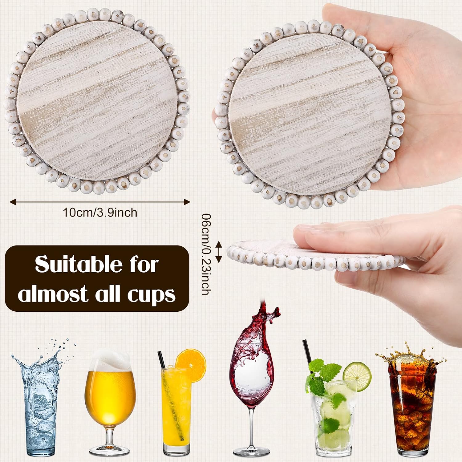 Honeydak 6 Pcs Beaded Wood Coasters Farmhouse Coasters Rustic Round Beaded 3.94 Inches Boho Home Wood for Drinks Bar Coffee Table Top Home Kitchen Housewarming Wedding Gift Decor(White)