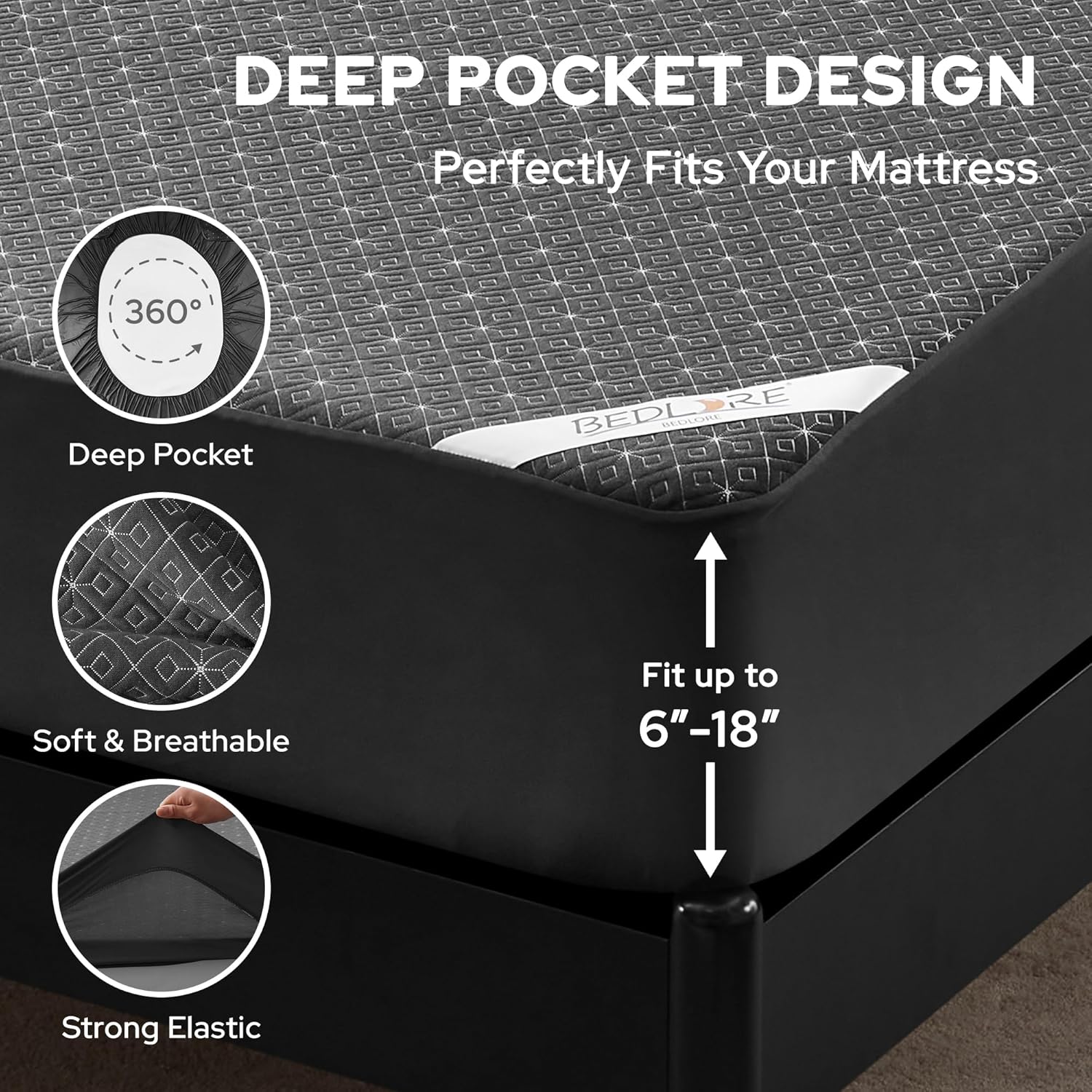BEDLORE California King Mattress Protector, Waterproof Noiseless Mattress Cover with Deep Pocket for 6-18 inches Mattress, Soft Breathable Mattress Pad Machine Washable (Dark Gray) - Image 6