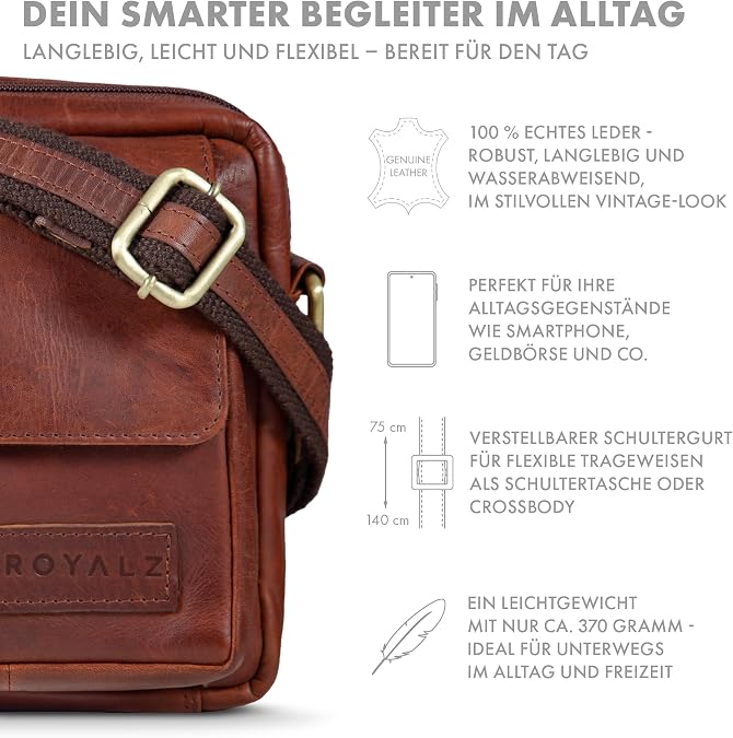 ROYALZ 'Austin' Modern Genuine Leather Shoulder Bag Small Men's Shoulder Bag Mini Messenger Bag Vintage Leather Bag for Hanging Small Men Shoulder Bag