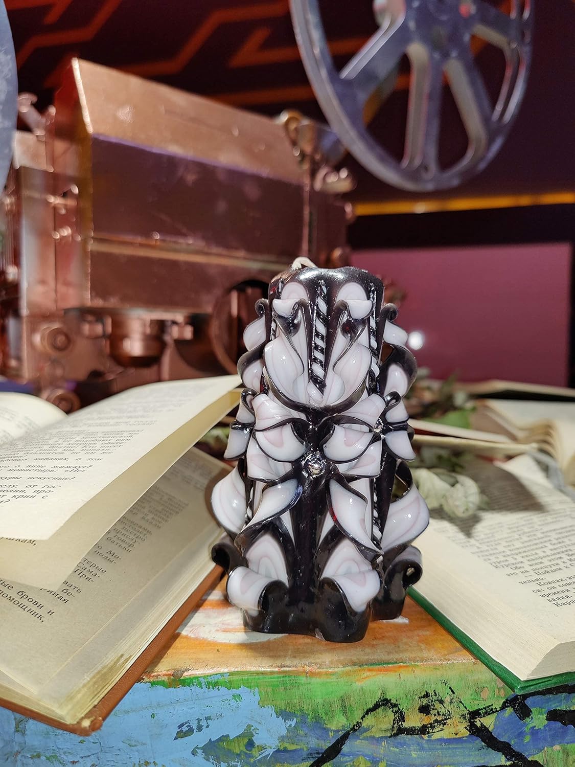 Handmade Carved Candle - Surprise Gift for Her - Decor Birthday Halloween Thanksgiving Christmas - Spiritual Living Room Home Decor Candles - Unique Engagement Wedding Idea - Black White - Ordagio