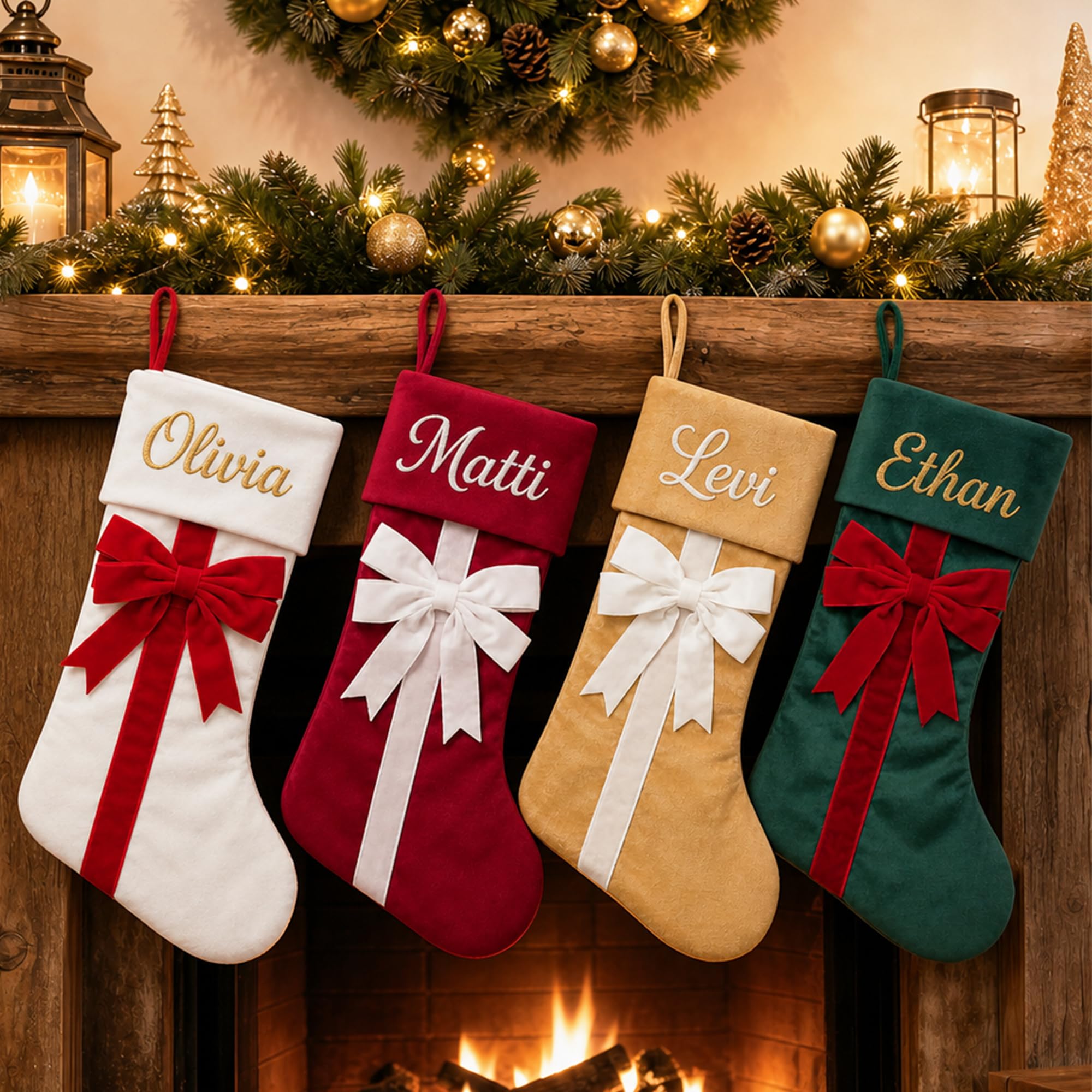 Personalised Velvet Christmas Stocking 46cm, Custom Name Embroidered Xmas Stockings with Elegant Ruffle Collar/3D Bow, Holiday Hanging Decor for Girls, Women, Mantelpiece, Stairs(Style 19-3 Pack)