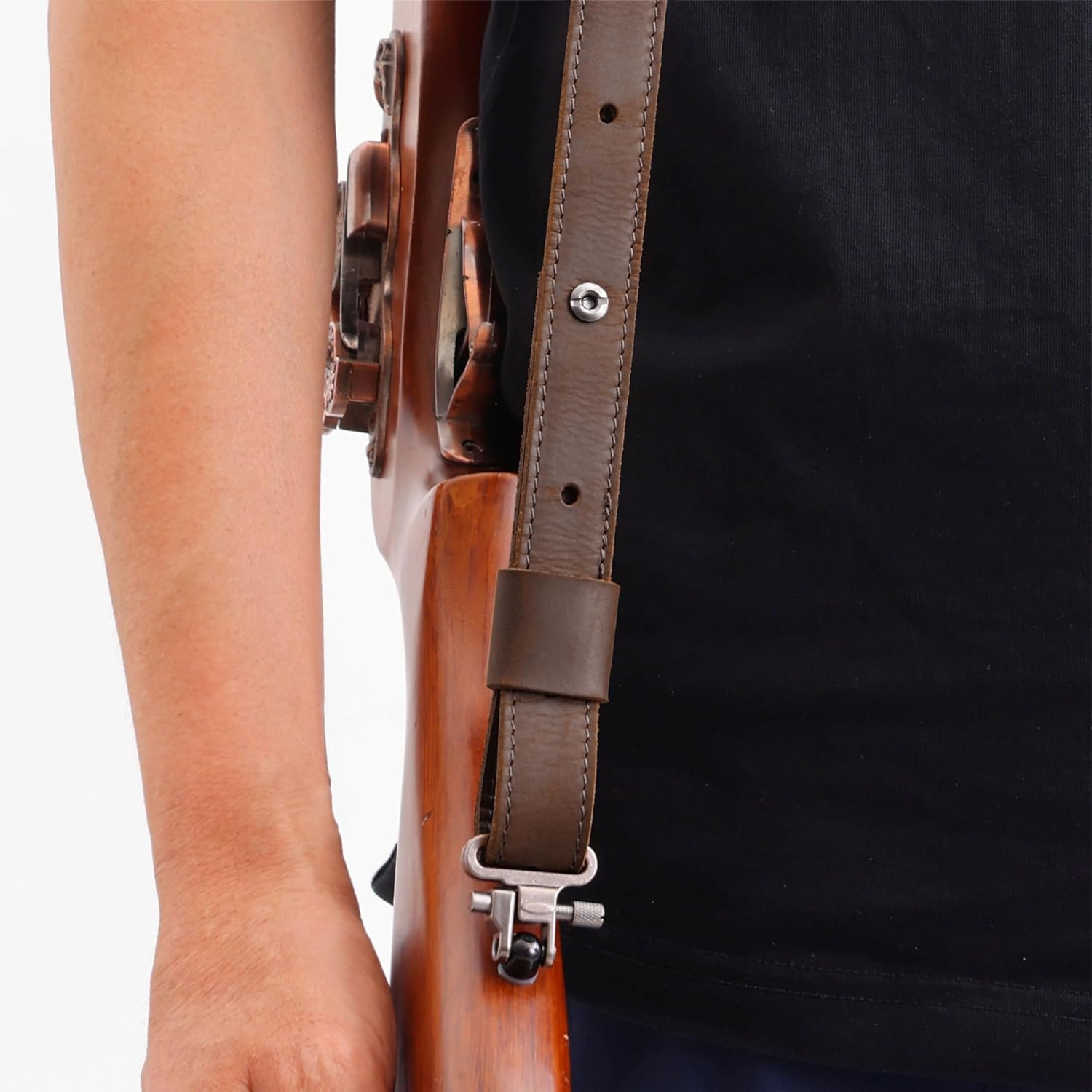 Aisin Gioro Rifles Slings, 1" Wide Handmade Crazy Horse Cowhide Leather Gun Sling Adjustable Replacement with Gun Sling Swivels