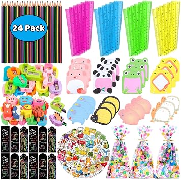 24 Pack Return Gifts for Birthday Party, Birthday Goodie Bags for Kids | with Pencils Rulers Erasers,Classroom Gifts for Student Stationery Party Favors Class Rewards Prizes