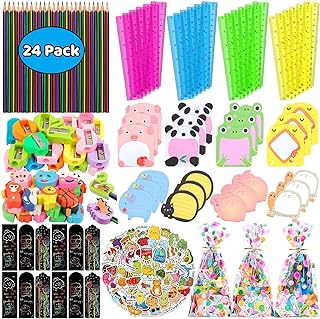Stationery Party Packs, 24 Pack Birthday Goodie Bags for Kids with Pencils Rulers Erasers Perfect Classroom Rewards Student Gifts School Class Goodie Bag Return Gifts