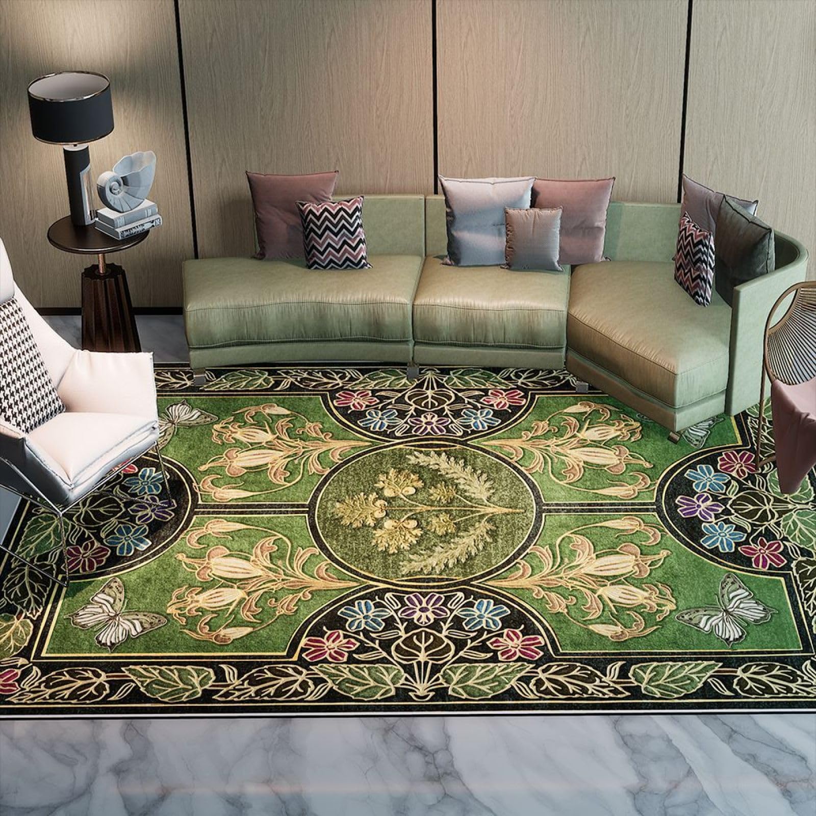 Tapis grand salon rétro aux finitions soignées style fleurs vertes vintage 160 x 230 cm