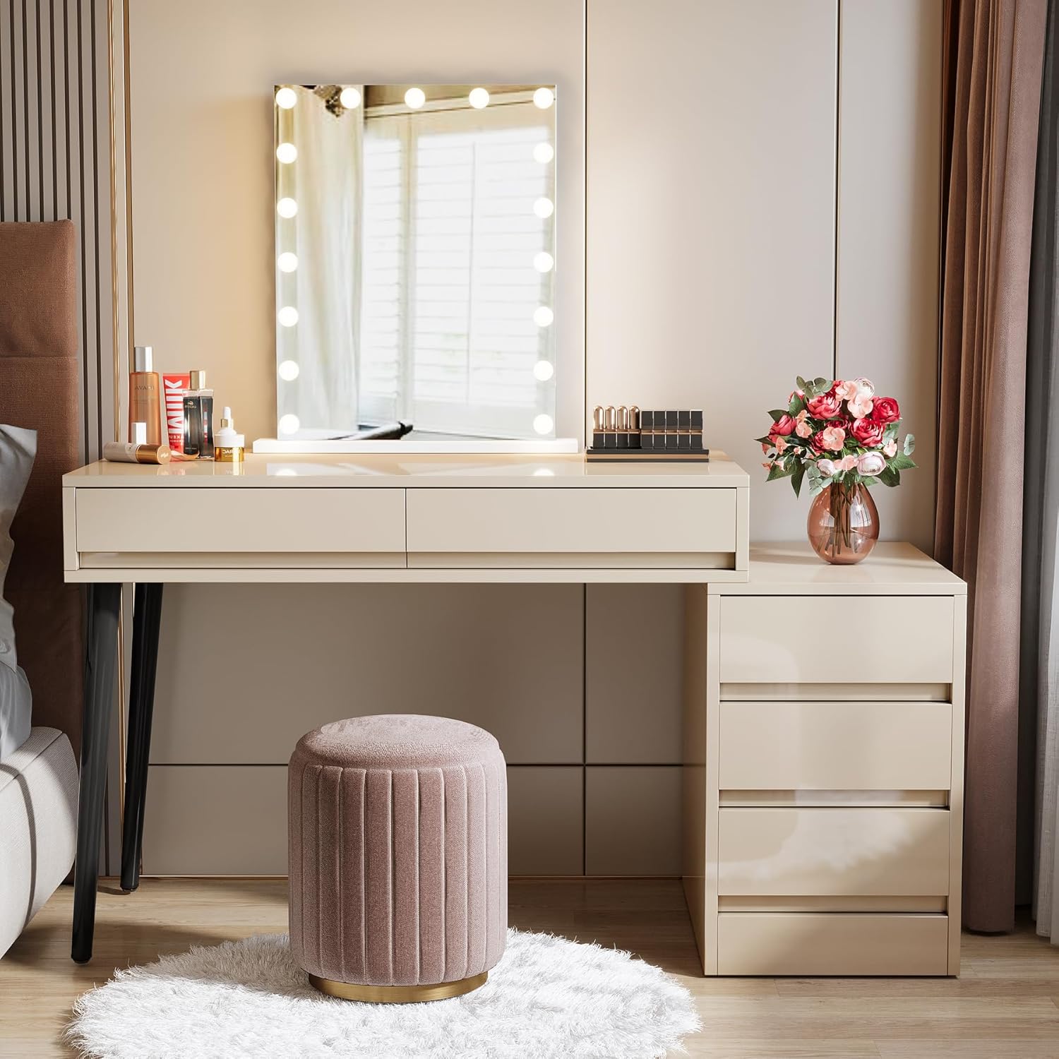 Tribesigns Vanity Desk with 5 Drawers, Makeup Table with Reversible Drawer Cabinet Printer Stand, Modern Computer Desk Dressing Table for Bedroom Office, Gloss Beige (No Mirrors)