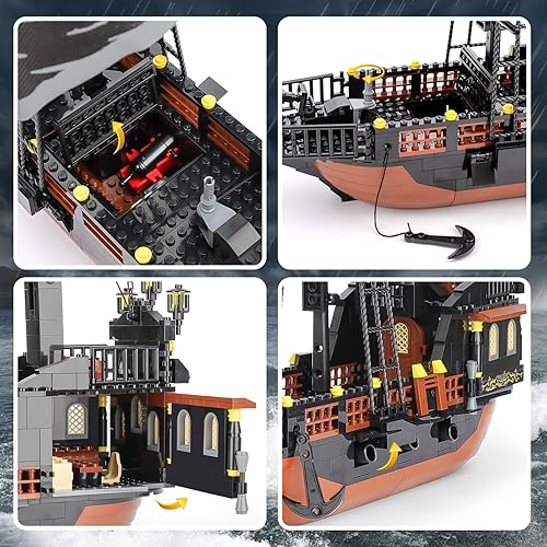 Vista 3 de QLT - Kit de construcción de barco pirata, compatible con juegos de barcos piratas de Lego, juguetes de ladrillo de construcción para niños de 7 a 9