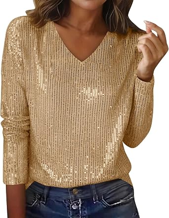 Sequin Tops for Women Long Sleeve V Neck Party Night Blouses Trendy Lounge Glitter Sparkly Dressy Shirts for Holiday