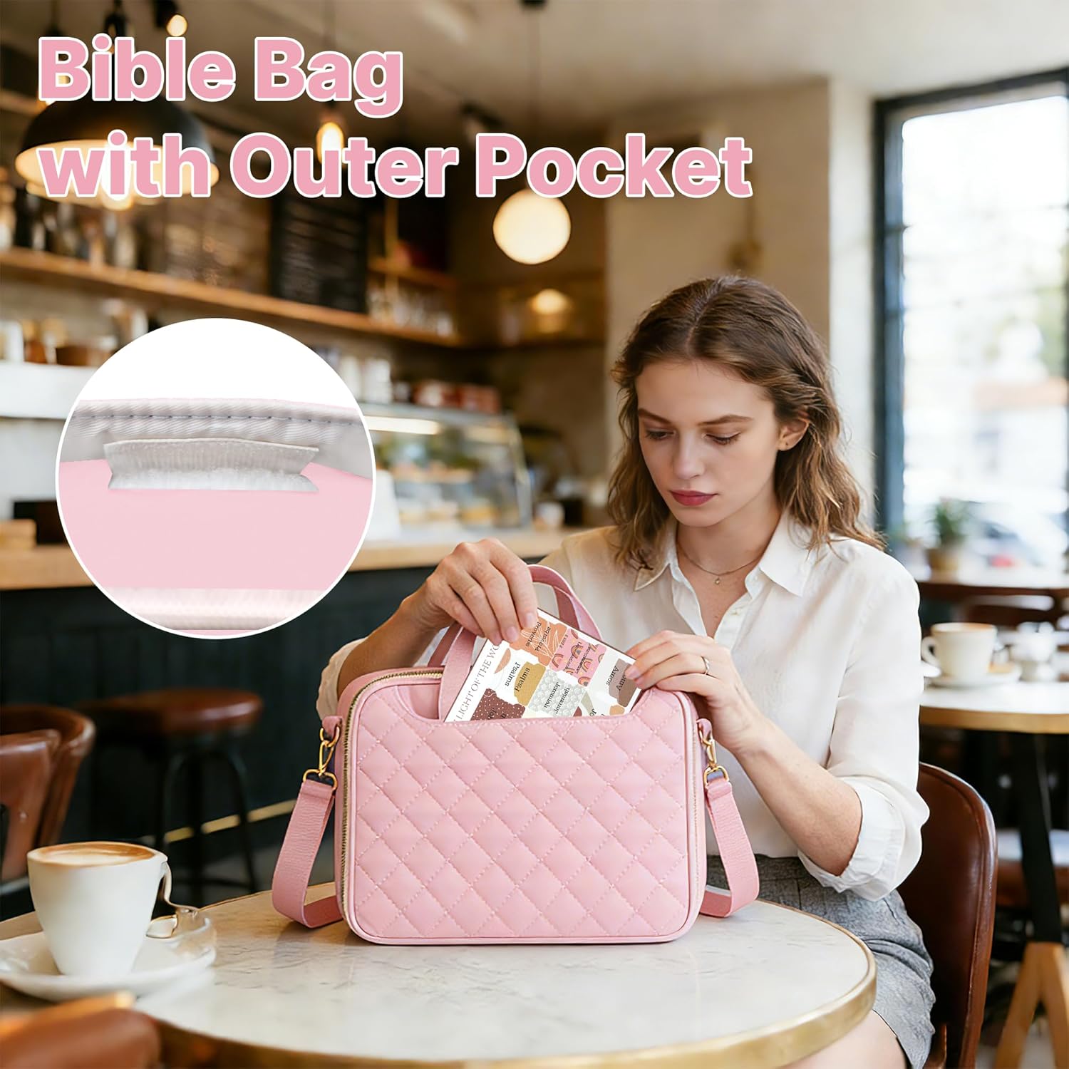 PUGPIU Bible Cover Case for Women, Large Quilted Bible Bag with Shoulder Strap and Handle, Bible Study Supplies Journaling Kit with Highlighters Pens No Bleed Tabs Notebook Cross Clips (Pink)