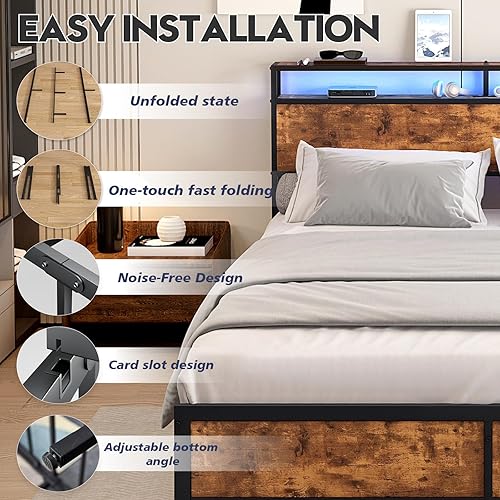 Miniatura 8 de Base de cama matrimonial con luces LED, cabecera de almacenamiento industrial con estación de carga y puerto USB, marco de cama industrial moderno