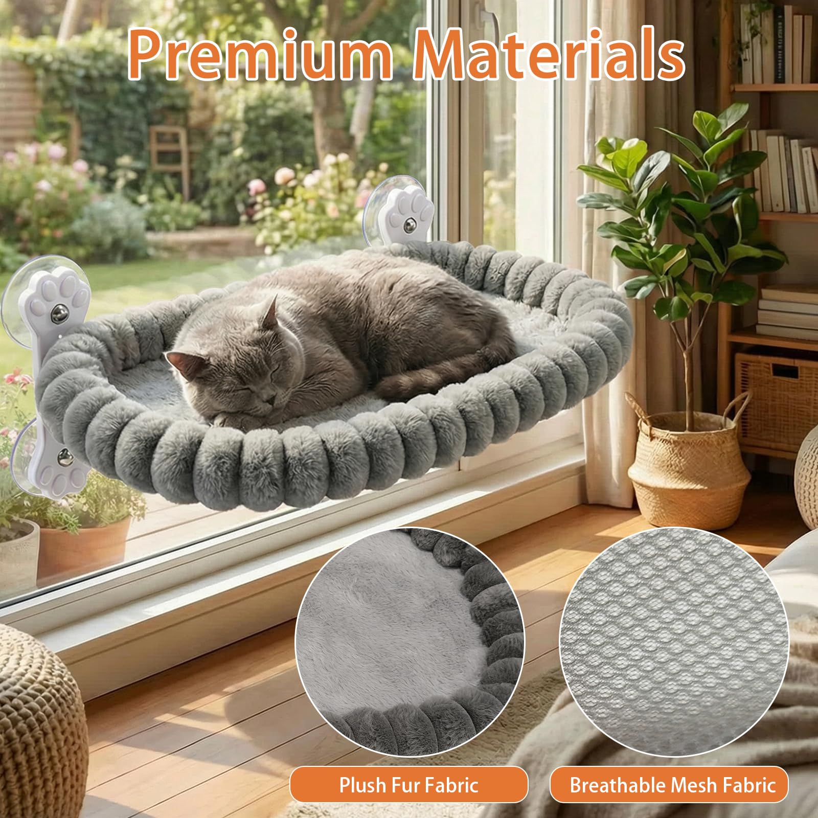 Homegroove Katzen-Fensterliege, 60 x 30 cm Faltbare Katzenhängematte für das Fenster mit 4-seitiger Polsterung & 4 großen Saugnäpfen, kabelloses Fensterbett für Wohnungskat (Grau, Large(60x30cm))