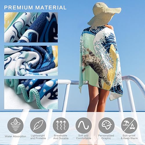 Miniatura 4 de Divertida toalla de playa con gatos, toalla de playa con diseño de gato surfista, mezcla de algodón, terciopelo suave, absorbente, para gimnasio,