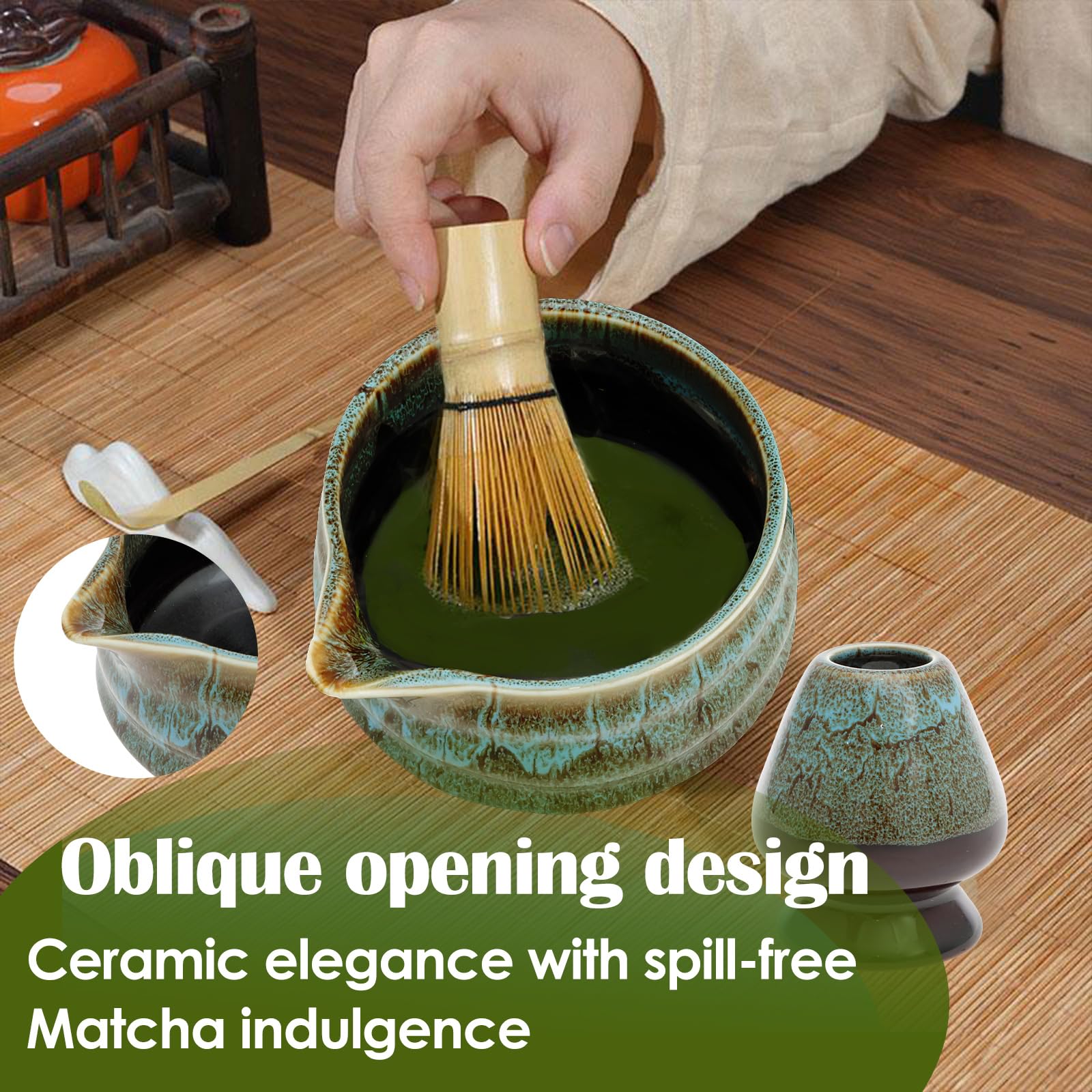 Lot de 5 accessoires à matcha avec pelle, mélangeur et support, bol à matcha en céramique, pour la préparation du matcha, bleu