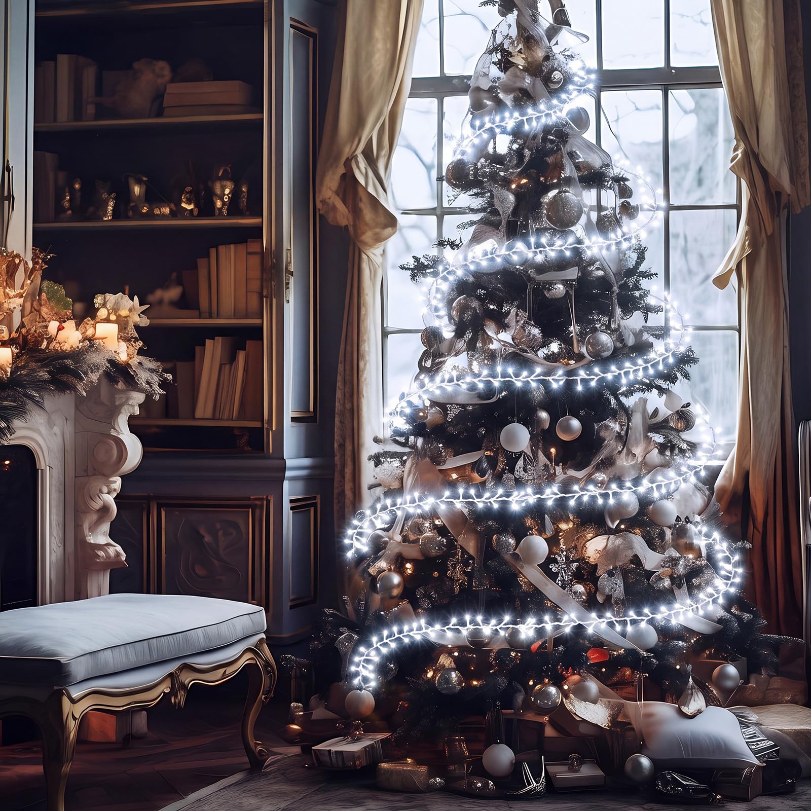 Mudder Guirlande lumineuse de sapin de Noël de 15 m avec anneau en fil métallique 300 LED 8 modes d'éclairage scintillant à piles pour sapin de Noël intérieur et extérieur (sans piles) (lumière