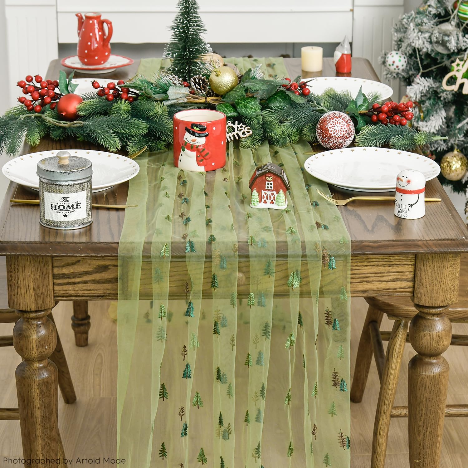 Artoid Mode 3PCS Embroidery Christmas Tree Green Gauze Table Runner 120 Inch 10FT, Seasonal Sheer Dining Holiday Wedding Birthday Table Decor for Home Party