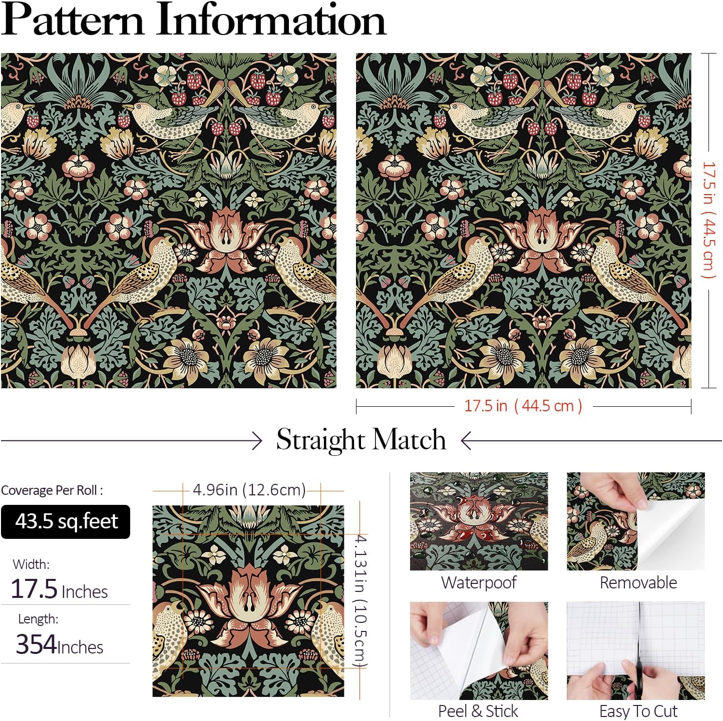 FunStick 17.5"x354" William Morris Green Peel and Stick Wallpaper Vintage Botanical Flower Birds Leaves Antique Dark Floral Wall Paper for Kitchen Renter Friendly Self Adhesive Green Contact Paper