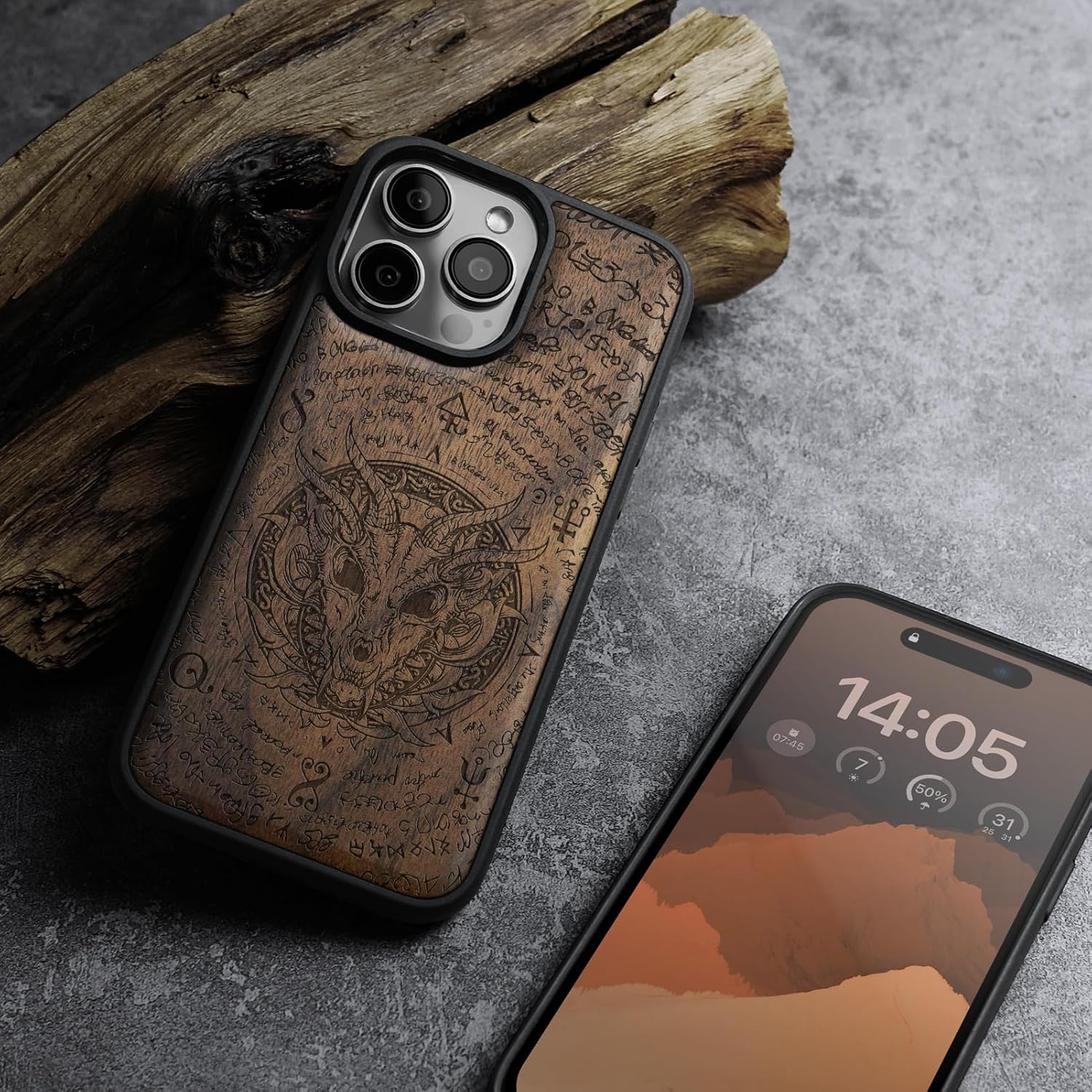 Carveit Magnetic Wooden Case for iPhone 16 Pro Case, Wood Artisan Engraved & Black Soft TPU Shockproof Cover, Compatible with MagSafe Wireless Chargers (Dragon Skull) Walnut