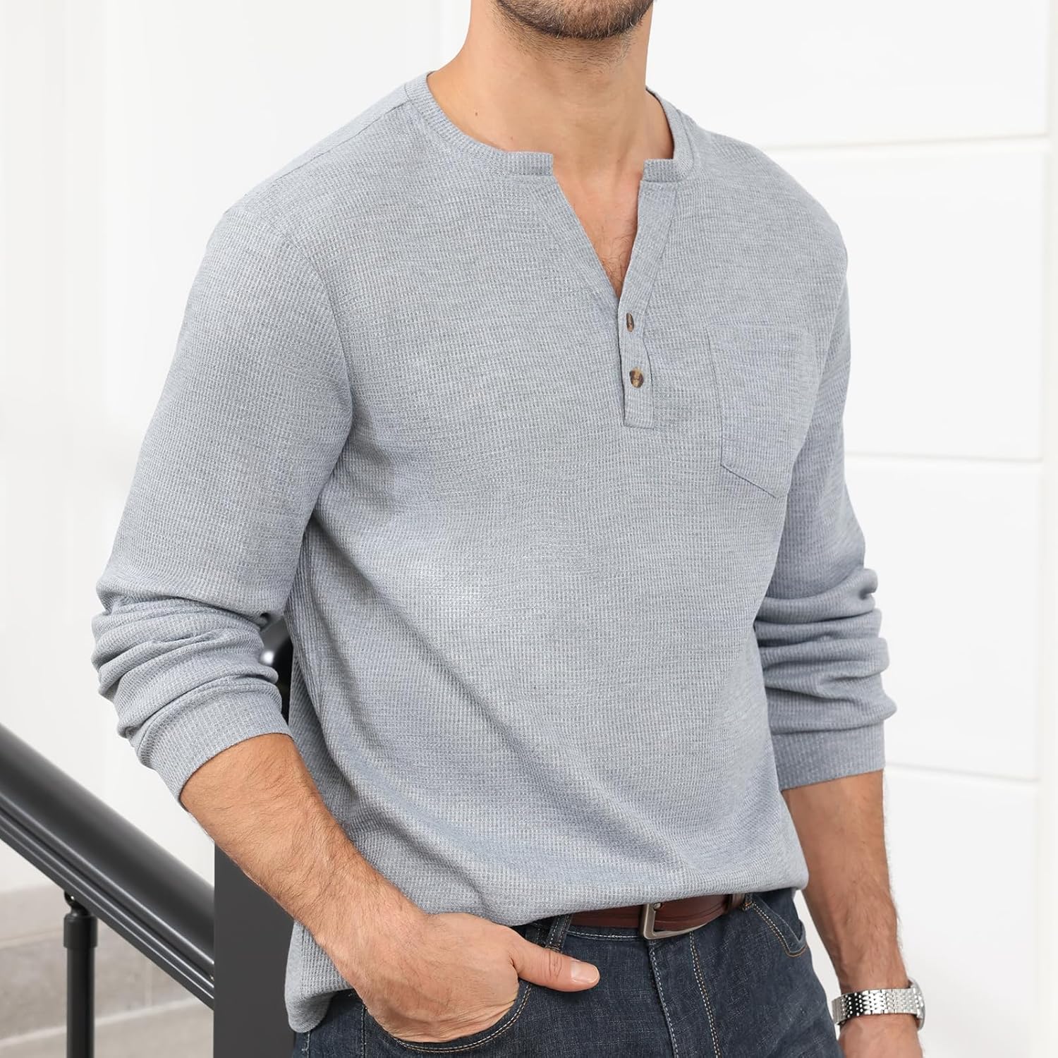 Uni Clau Men's Henley Shirts Long Sleeve Waffle Button Shirt Fall Fashion Casual Pullover Shirt - Image 2