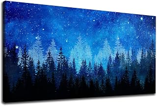 NINEASO Forest Canvas Wall Art Abstract Blue Forest Pictures Wall Decor Blue Night Starry Sky Canvas Print Artwork for Bedroom Living Room Office Home Wall Decoration Framed Ready to Hang 24" X 48"