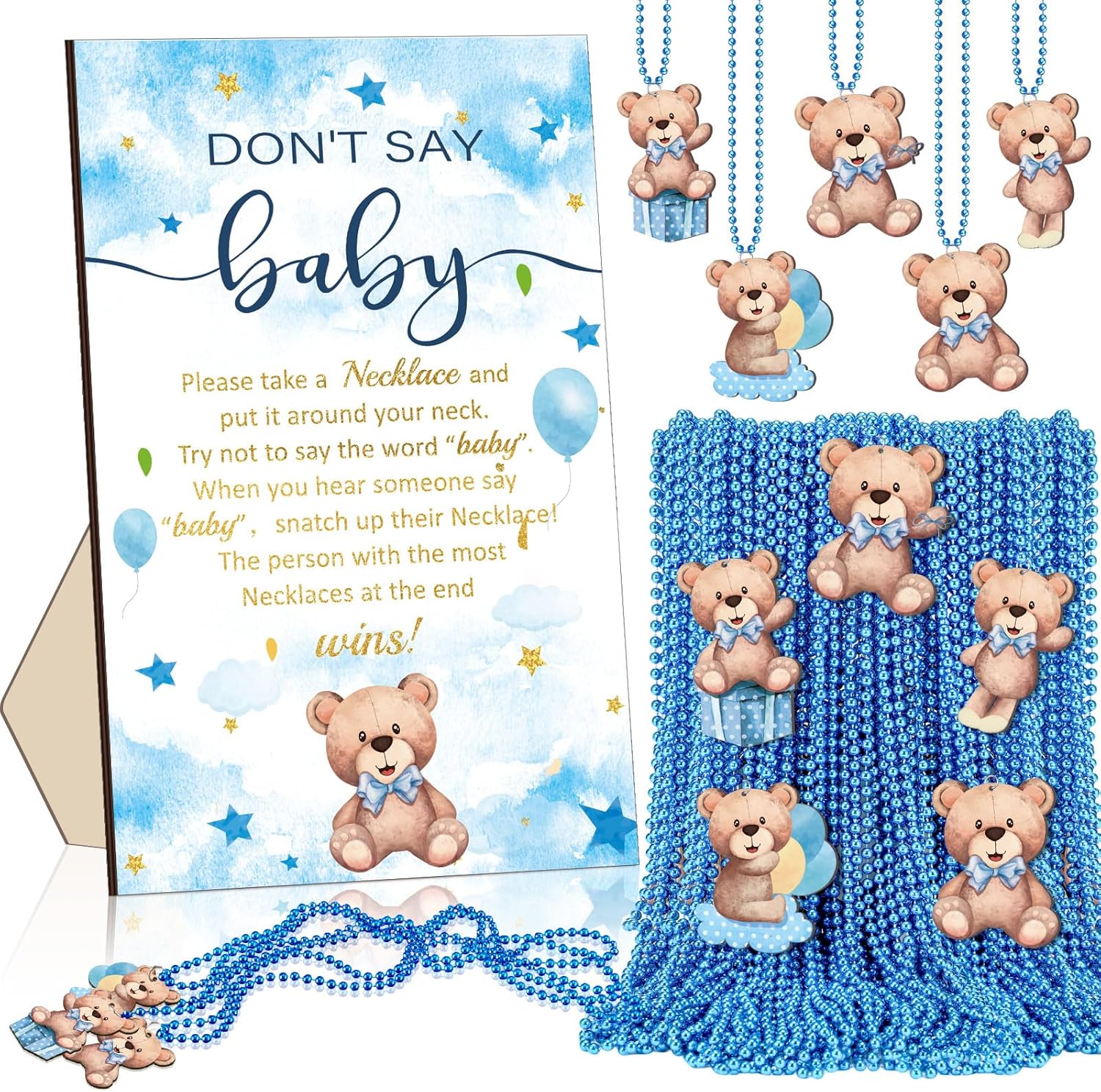Beeveer 51 Pcs Don't Say Baby Shower Game Supplies Include Blue Bear Wooden Baby Shower Sign and 50 Wood Bear Necklaces for Girl Boy Gender Reveal Party Decor