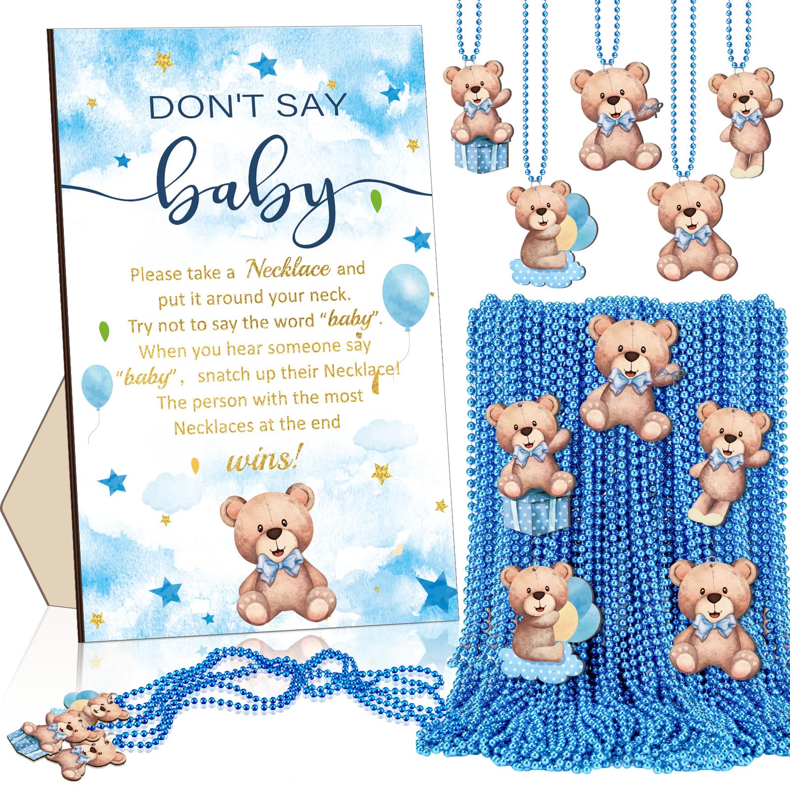 51-teiliges "Don't Say Baby Shower"-Spielzubehör, cooles Babyparty-Spiel, inklusive Babyparty-Schild und 50 Baby-Halsketten, Holzketten, Babyparty für Jungen und Mädchen, Party-Dekoration (blauer Bär)