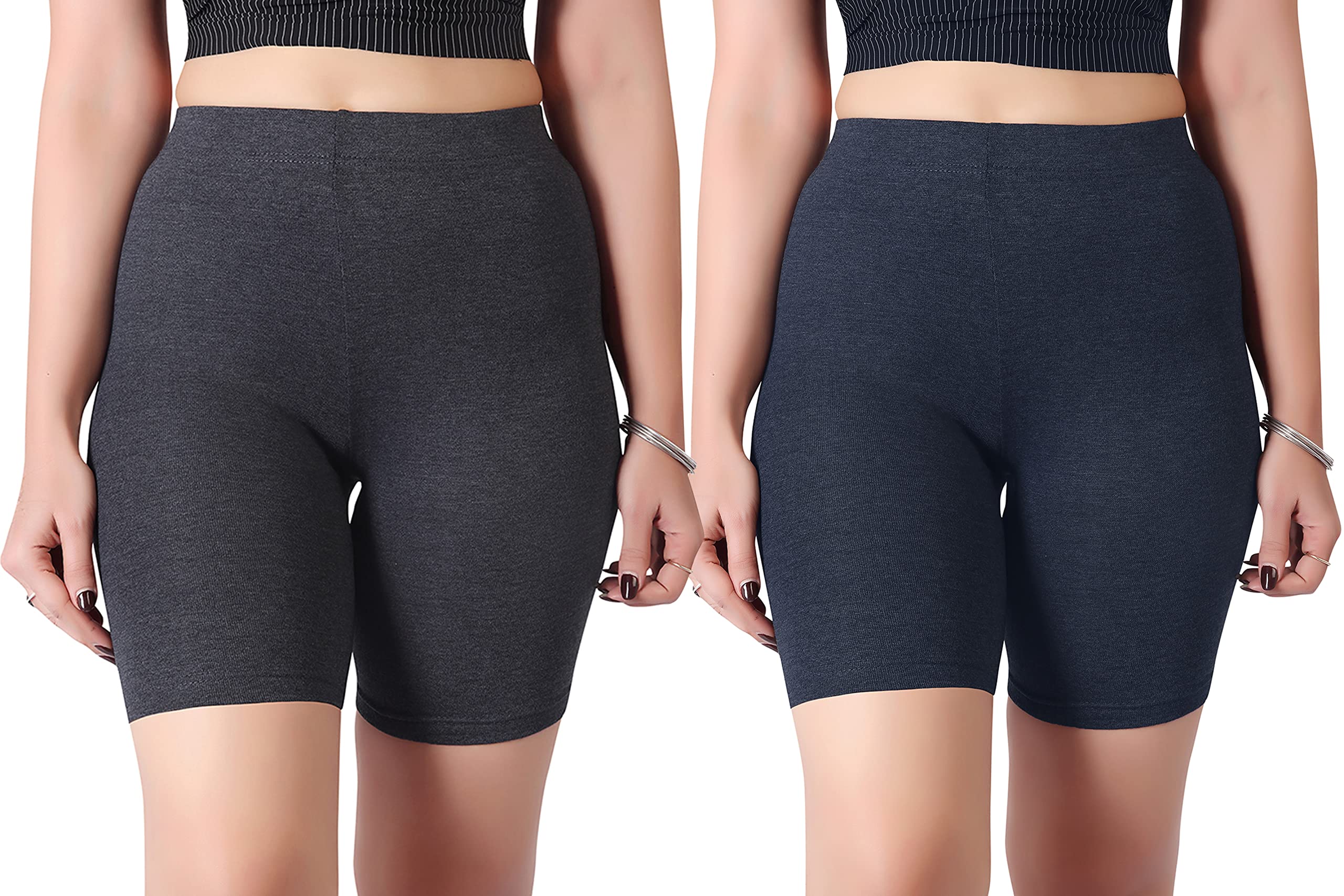 Women worth Cotton Stretchable Cycling Shorts for Girls Combo Pack 2 Knee Length Tights Fit Under Skirts Sports Gym Yoga Running Panties