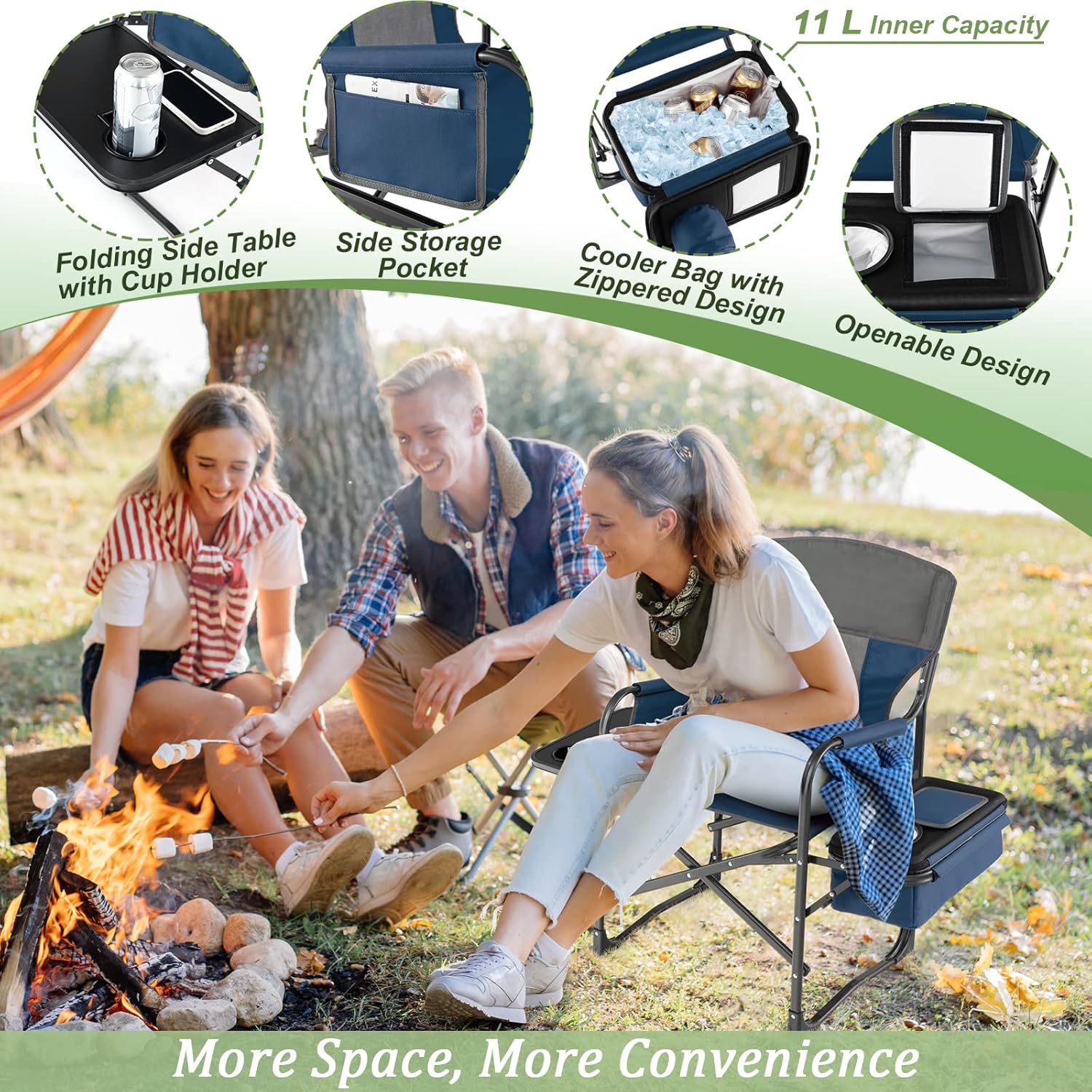 Giantex Camping Chair, Folding Directors Chair with Side Table, Storage Pocket, Cooler Bag, Shoulder Strap, Handle, Artist Chair, Makeup Chair, Support 400 Lbs Lawn Chair for Fishing Picnic, Blue