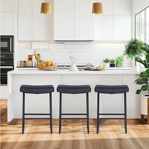 Miniatura 9 de MAISON ARTS Juego de 4 taburetes de bar negros de 24 pulgadas de altura de mostrador para cocina, taburetes de bar modernos sin espalda, tapizados