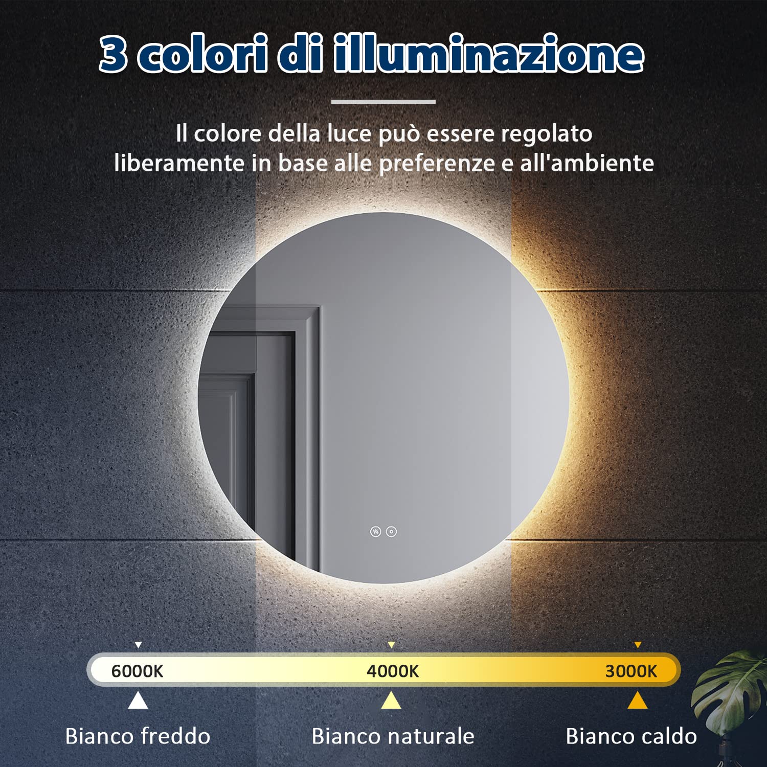 SONNI Specchio Bagno Rotondo Retroilluminato con Luce Regolabile Tricolore 80 cm,Doppio Tocco con Antiappannamento,Specchio da Parete Moderno