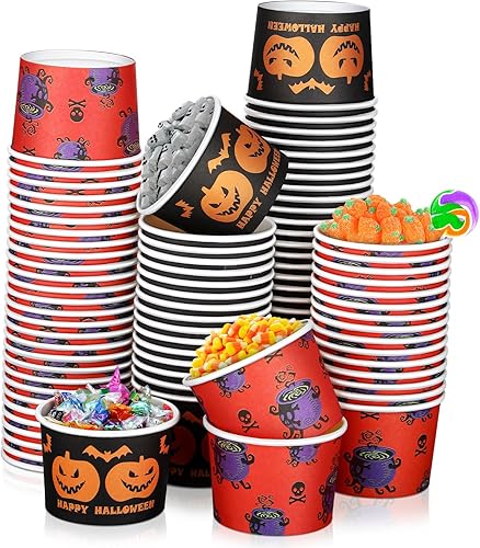 Miniatura 8 de 100 vasos desechables de calabaza de Halloween de 8 onzas, tazas de papel de esqueleto, cuencos para dulces, suministros de fiesta de Halloween para