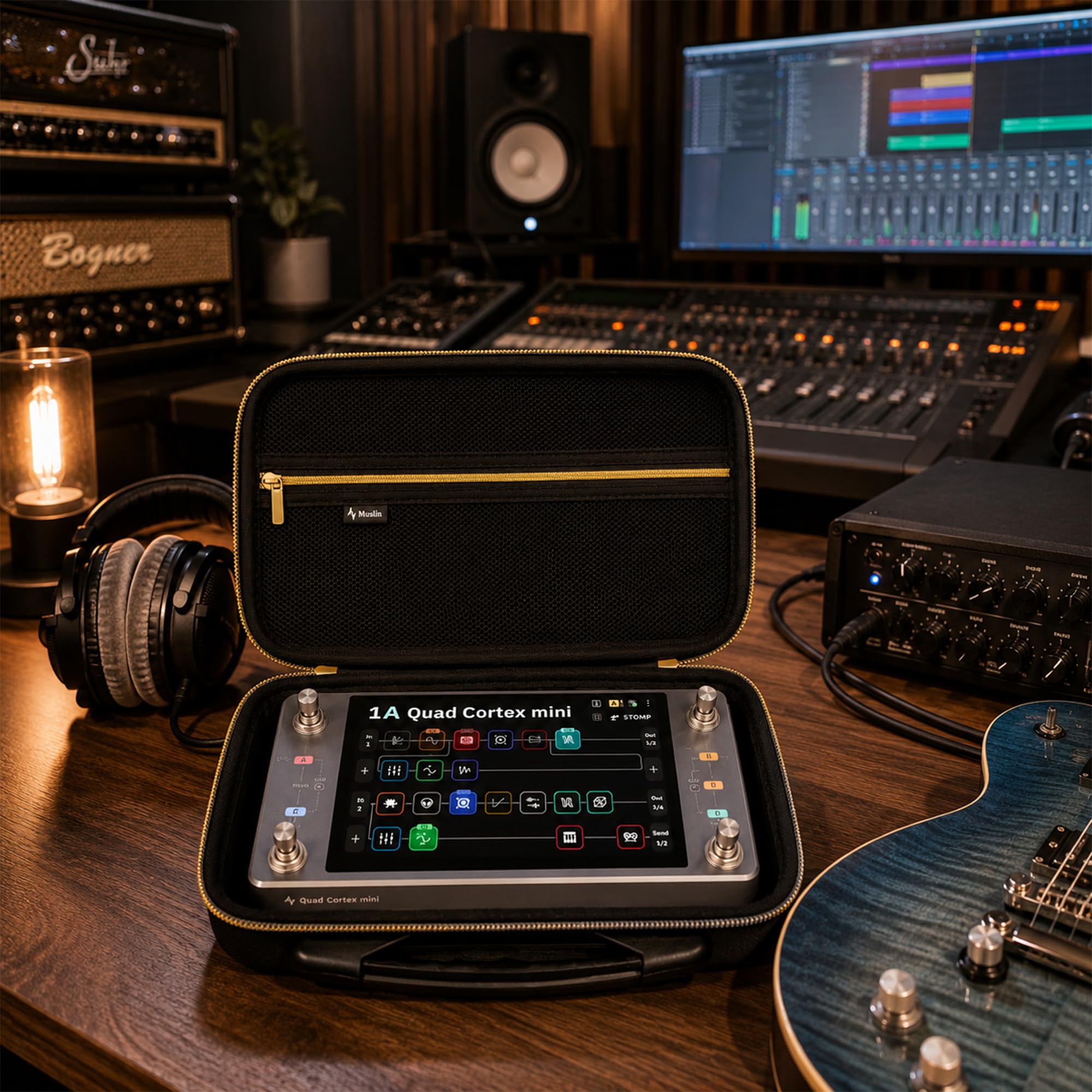 Musiin Étui d'effets de guitare compatible avec le mini processeur Neural DSP Quad Cortex, avec poche en maille, fermeture éclair dorée et poignée de transport moulée pour studio, rangement quotidien
