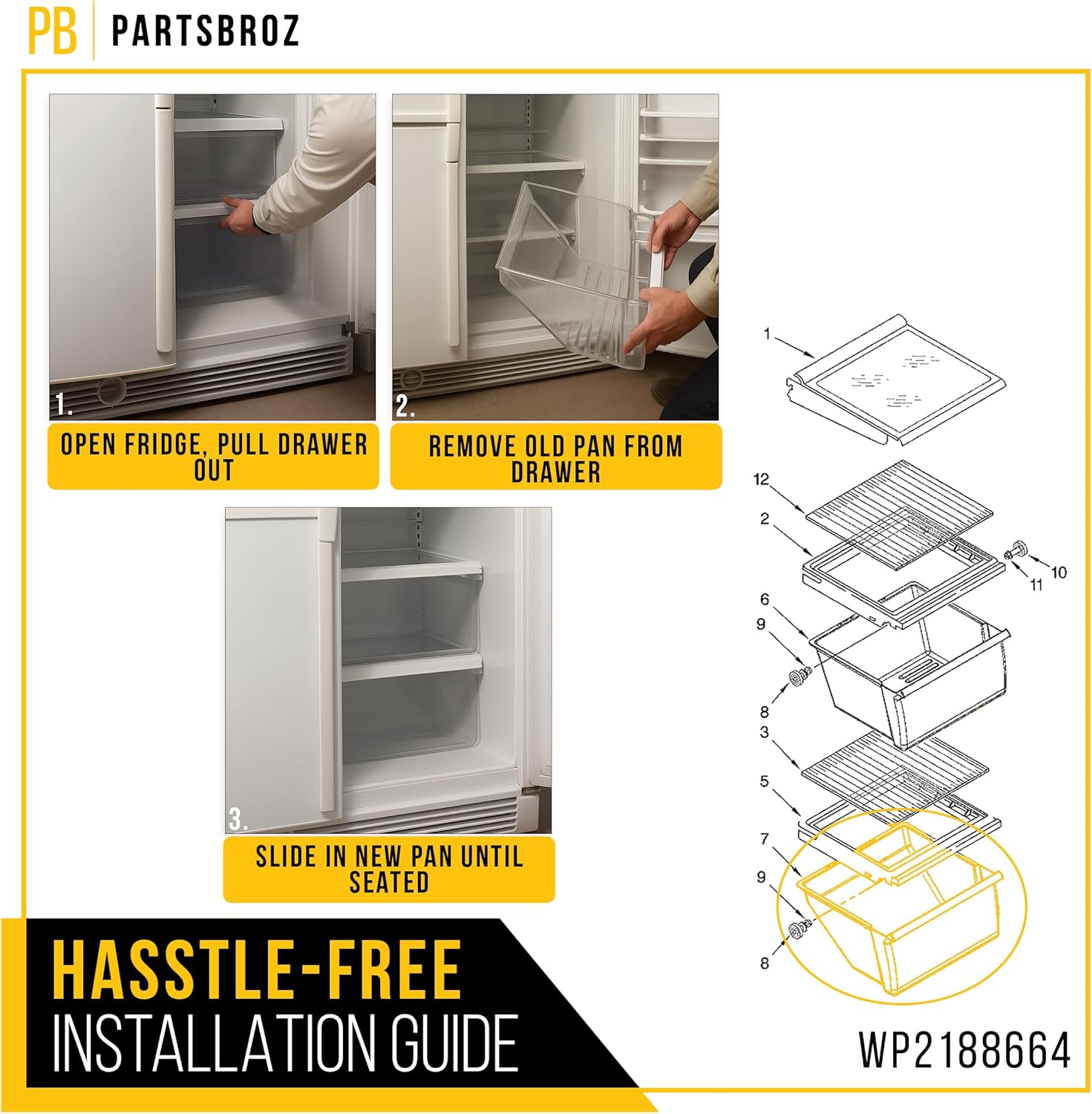 PartsBroz WP2188664 Lower Crisper Bins for Refrigerator Drawers for Whirlpool Fridge Drawer Replacement Kenmore Refrigerator Parts Maytag Vegetable Humidity Control Bottom Bin 2188664 AP6006058