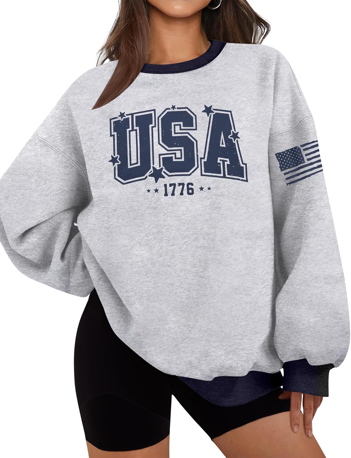 ASTANFY USA Letter Sweatshirt Womens Casual Long Sleeve Graphic Shirts American Team Flag CrewNeck Pullover Tops