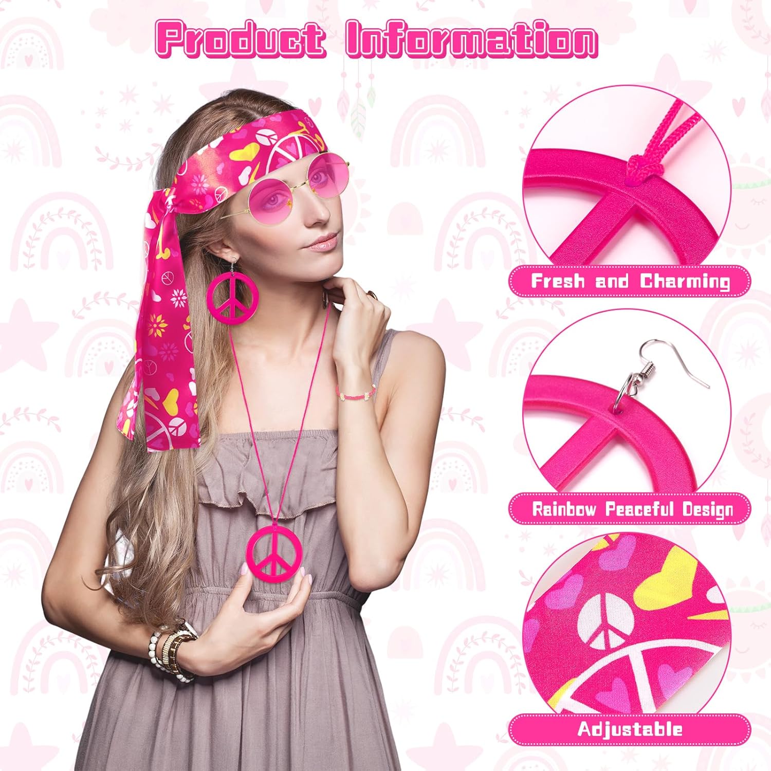 Batiyeer 6 Pcs Hippie Accessories for Women, Boho Peace Sign Earrings 60s 70s Outfits for Women Groovy Party Favor - Image 3