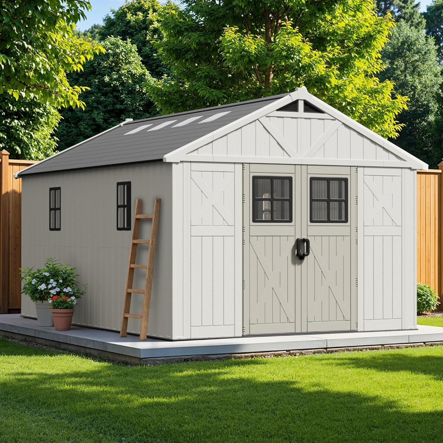 Patiowell shed installed on a level concrete slab in a backyard