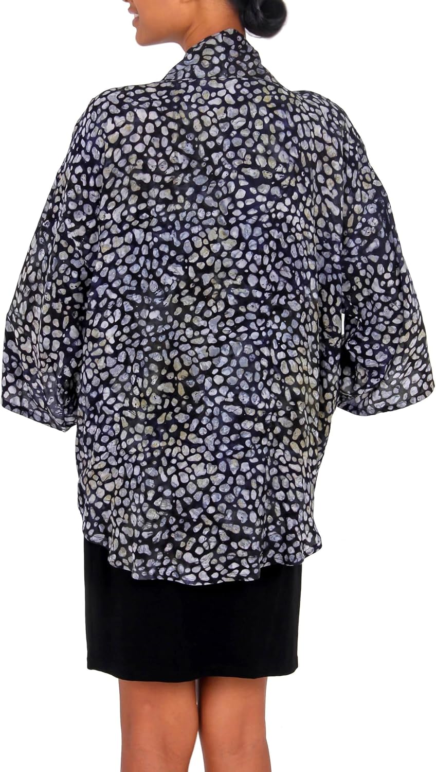 NOVICA Artisan Handmade Rayon Kimono Jacket Women's Black Grey Batik Print Clothing Patterned Indonesia 'Borneo Slate'