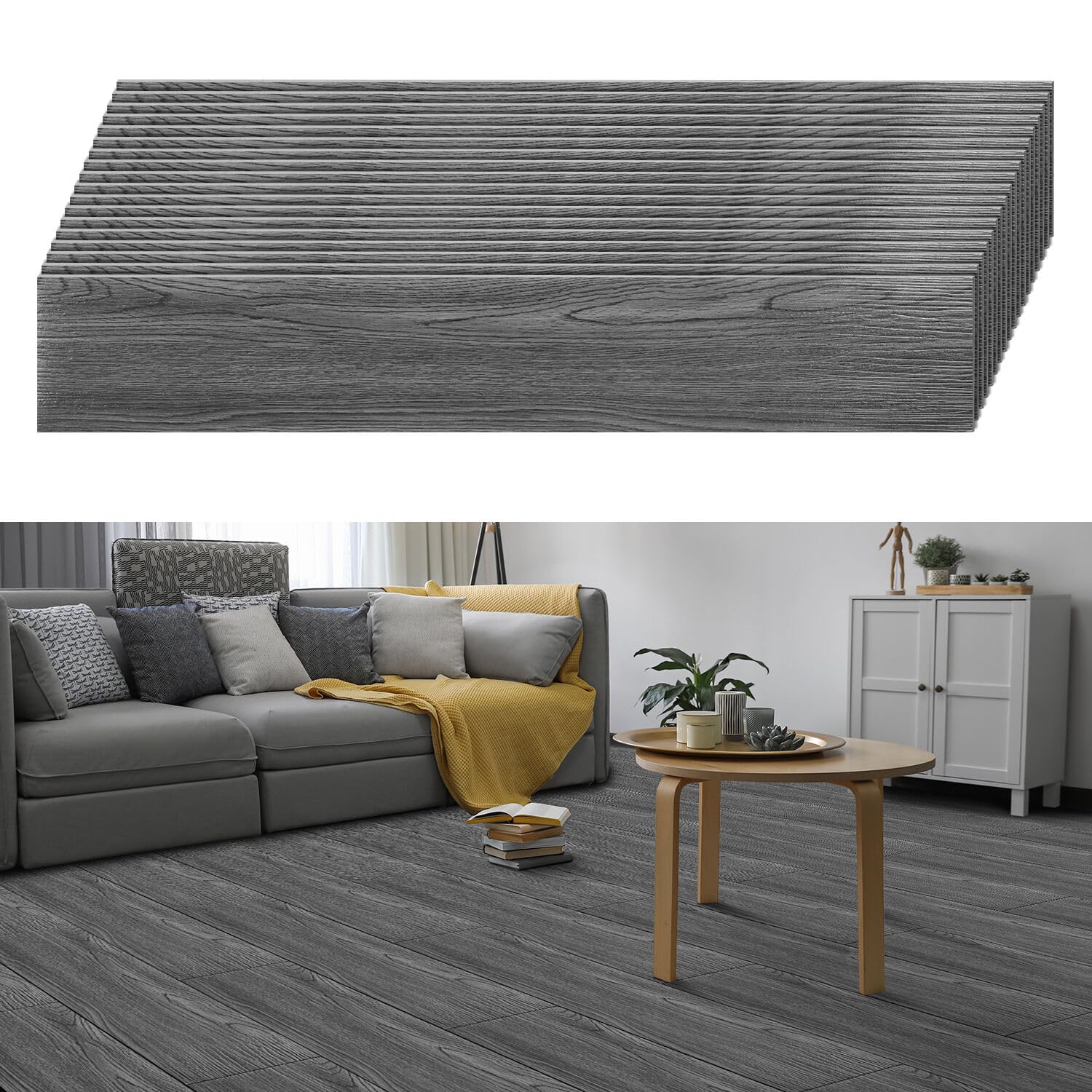 Pavimenti in PVC, autoadesivi, in vinile, 91,44 cm x 15,24 cm, spessore 2 mm, laminato in vinile, antiscivolo, per camera da letto, soggiorno, 36 piastrelle/5 ㎡, grigio scuro