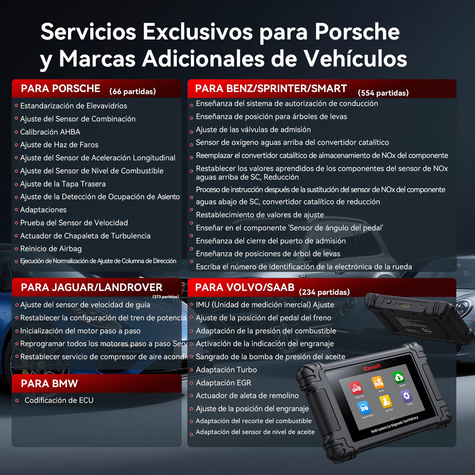 iCarsoft por V4.0 Herramienta de Diagnóstico para Porsche +2 Marcas de Vehículos Extra, Escáner OBD2 con Prueba Bidireccional/26 Servicios (177 Subservicios) +66 Servicios Extra, Registro de Batería