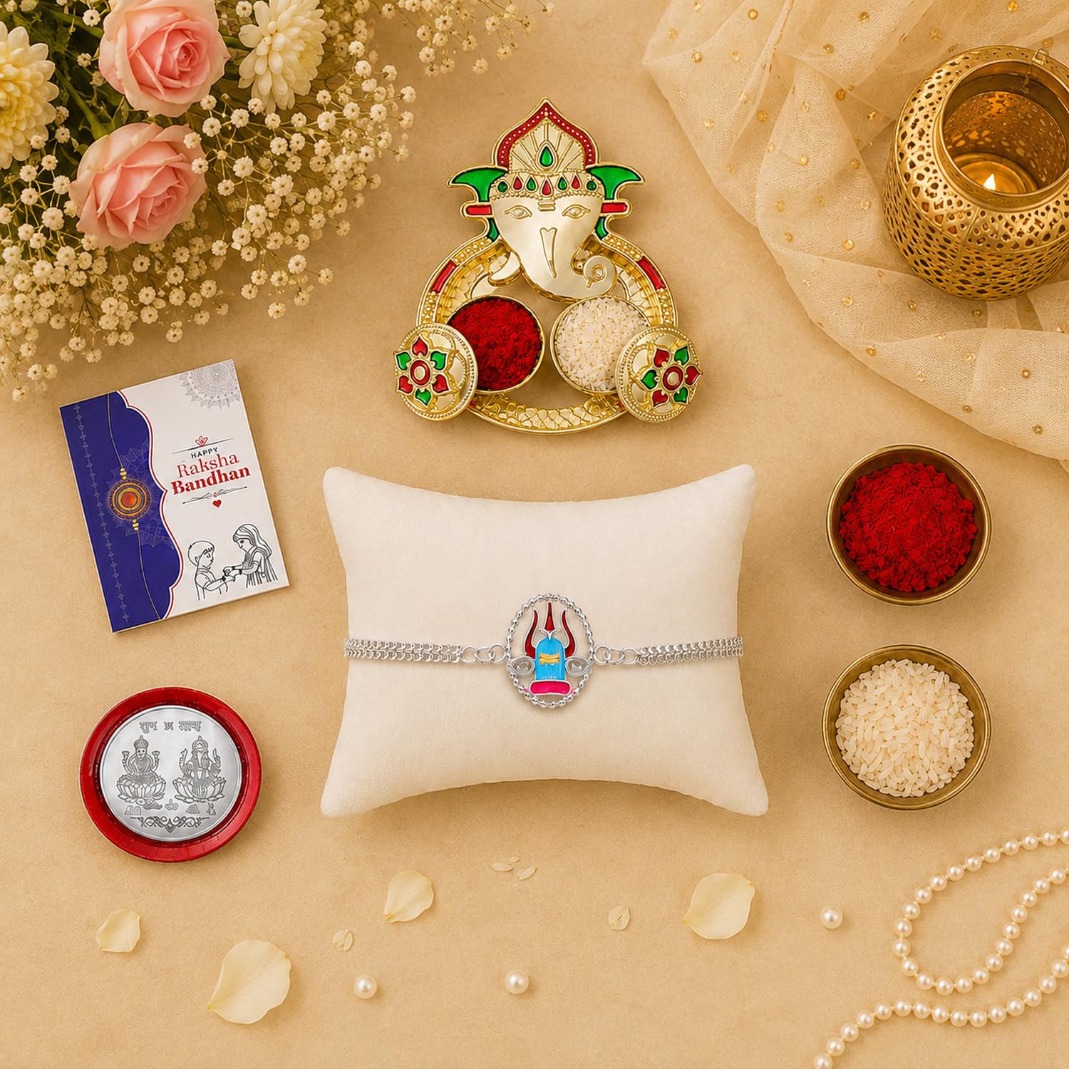 Oblivion Pooja Thali Gift Set for Brother – Rakhi for Brother Set of 1, Silver Color Pooja Coin & Greeting Card, Gift for Bhai, Bhabhi & Kids, Traditional Raksha Bandhan Celebration Combo Kit 2025-image-13