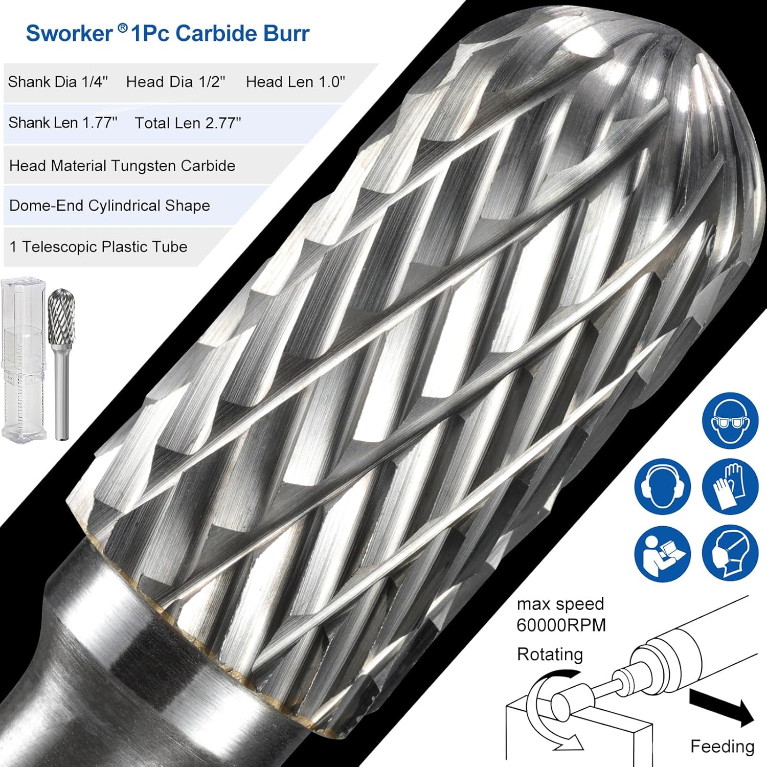 Sworker 1Pc 1/4 Carbide Burr Set 1/4" Shank Head Dia 1/2" Dome-End Cylinder Die Grinder Bits Rotary Tools Attachment Kit Rasp Accessories Metal Wood Stone Steel Grinding Deburring Cutting Porting
