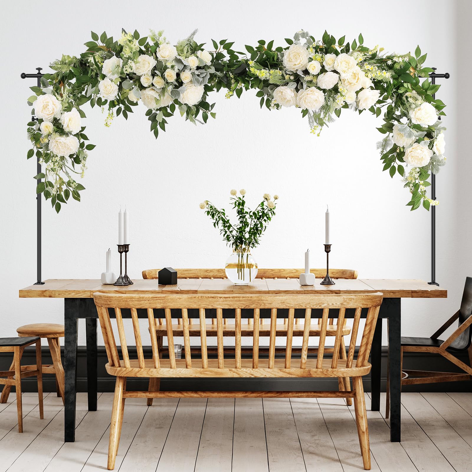 tonchean Barre de suspension de table avec pinces - Longueur jusqu'à 248 cm, hauteur 74-103 cm, barre de présentation de table, support de serrage en métal noir pour décorations, mariage, anniversaire